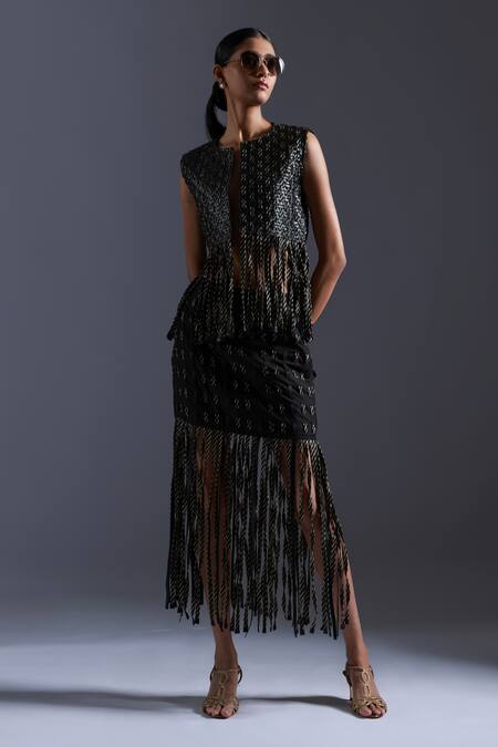 Devina Juneja Black Luxury Crepe Scrap Leather Checkered Weave Fringe Skirt Online at Aza Fashions Devina Juneja_Black Luxury Crepe Scrap Leather Checkered Weave Fringe Skirt _Online_at_Aza_Fashions