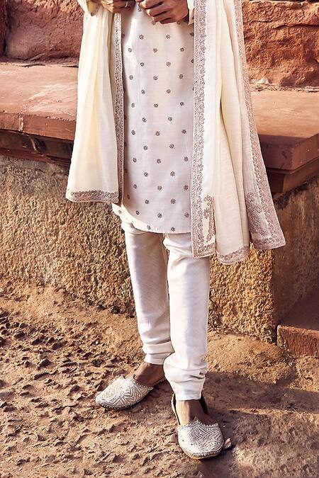 Buy_Matsya_Ivory Chanderi Embroidery Kora Nawab Kurta With Churidar _Online_at_Aza_Fashions