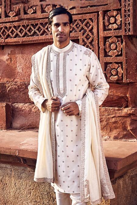 Shop_Matsya_Ivory Chanderi Embroidery Kora Nawab Kurta With Churidar _Online_at_Aza_Fashions