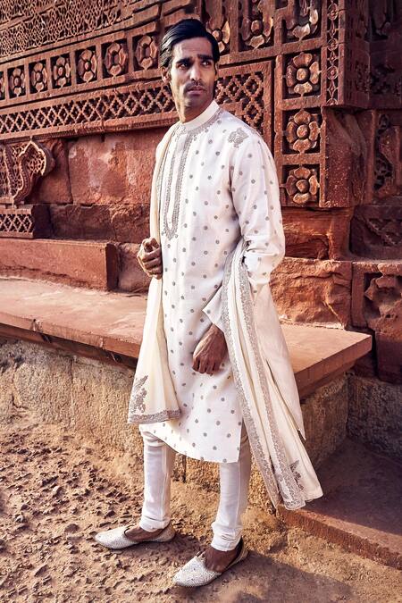 Matsya_Ivory Chanderi Embroidery Kora Nawab Kurta With Churidar _at_Aza_Fashions