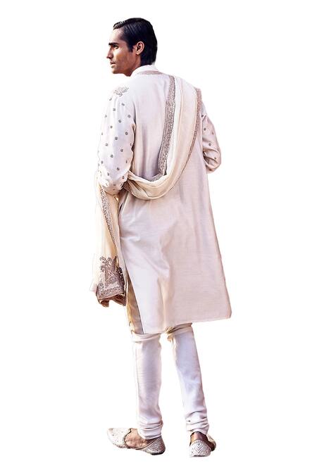 Shop_Matsya_Ivory Chanderi Embroidery Kora Nawab Kurta With Churidar 