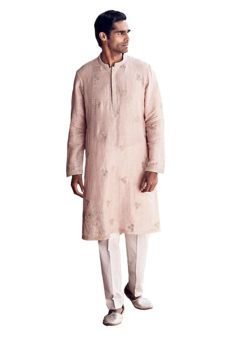 Matsya_Pink Linen Embroidery, Applique Sona Patti Gulabi Kurta With Pant _Online_at_Aza_Fashions