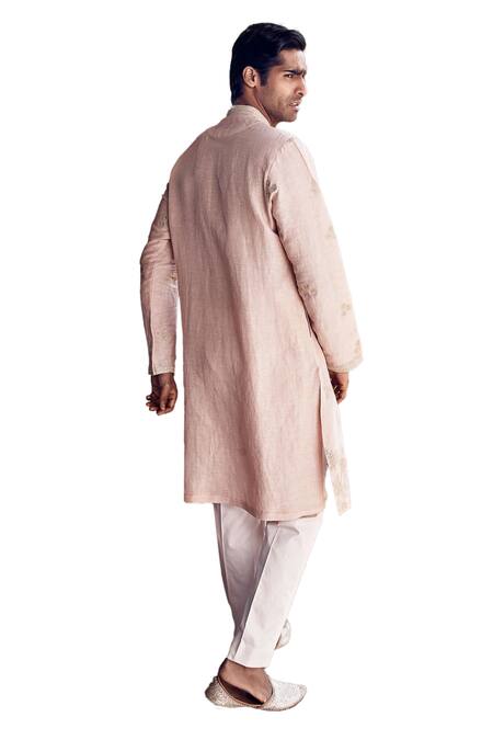 Matsya_Pink Linen Embroidery, Applique Sona Patti Gulabi Kurta With Pant _at_Aza_Fashions