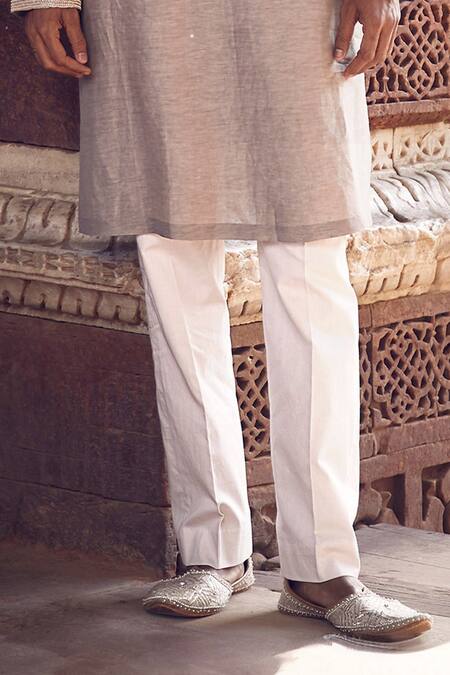 Matsya_Grey Linen Applique Floral Scottish Sona Patti Kurta With Pant _Online_at_Aza_Fashions