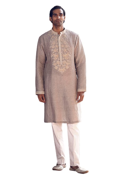 Buy_Matsya_Grey Linen Applique Floral Scottish Sona Patti Kurta With Pant _Online_at_Aza_Fashions