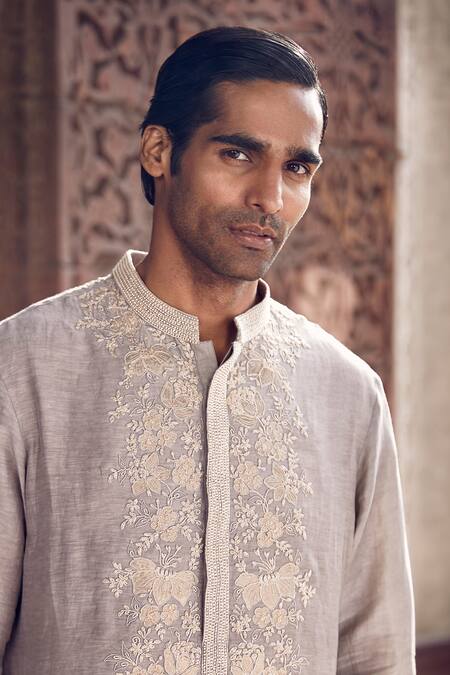 Shop_Matsya_Grey Linen Applique Floral Scottish Sona Patti Kurta With Pant _Online_at_Aza_Fashions
