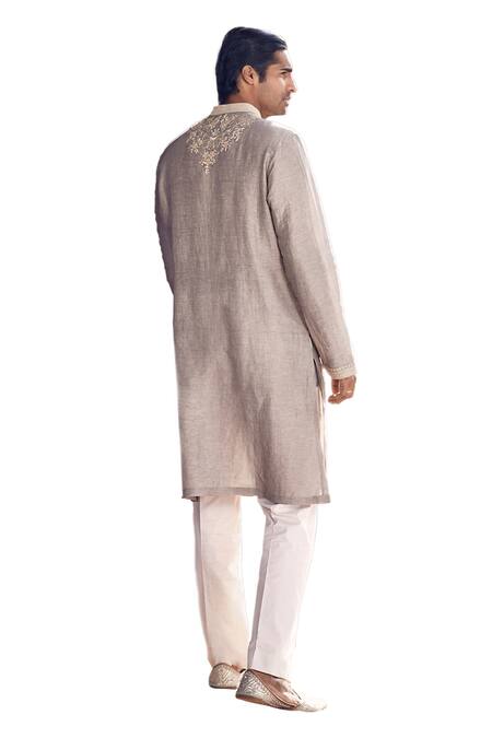 Matsya_Grey Linen Applique Floral Scottish Sona Patti Kurta With Pant _at_Aza_Fashions
