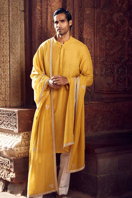 Matsya Yellow Linen Embroidered Stole Floral Royal Straight Kurta Pant Set Online at Aza Fashions Matsya_Yellow Linen Embroidered Stole Floral Royal Straight Kurta Pant Set _Online_at_Aza_Fashions