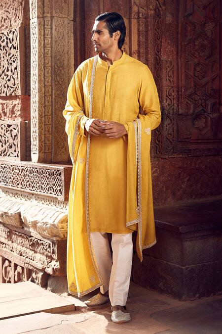Buy Matsya Yellow Linen Embroidered Stole Floral Royal Straight Kurta Pant Set Online at Aza Fashions Buy_Matsya_Yellow Linen Embroidered Stole Floral Royal Straight Kurta Pant Set _Online_at_Aza_Fashions
