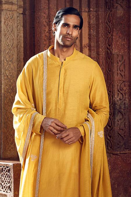 Matsya Yellow Linen Embroidered Stole Floral Royal Straight Kurta Pant Set at Aza Fashions Matsya_Yellow Linen Embroidered Stole Floral Royal Straight Kurta Pant Set _at_Aza_Fashions