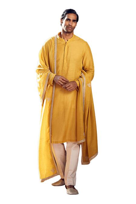 Buy Matsya Yellow Linen Embroidered Stole Floral Royal Straight Kurta Pant Set Buy_Matsya_Yellow Linen Embroidered Stole Floral Royal Straight Kurta Pant Set