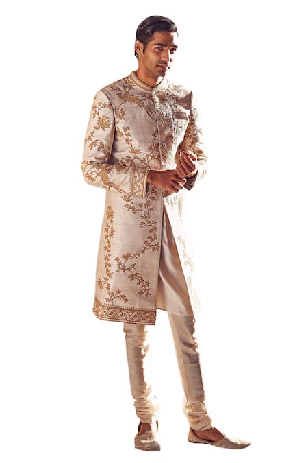 Matsya Ivory Silk, Chanderi Embroidery Raw Sherwani Churidar Set Online at Aza Fashions Matsya_Ivory Silk, Chanderi Embroidery Raw Sherwani Churidar Set _Online_at_Aza_Fashions