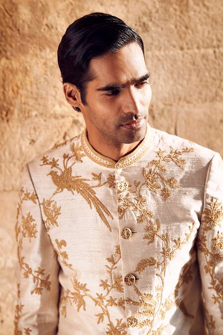 Shop Matsya Ivory Silk, Chanderi Embroidery Raw Sherwani Churidar Set Online at Aza Fashions Shop_Matsya_Ivory Silk, Chanderi Embroidery Raw Sherwani Churidar Set _Online_at_Aza_Fashions