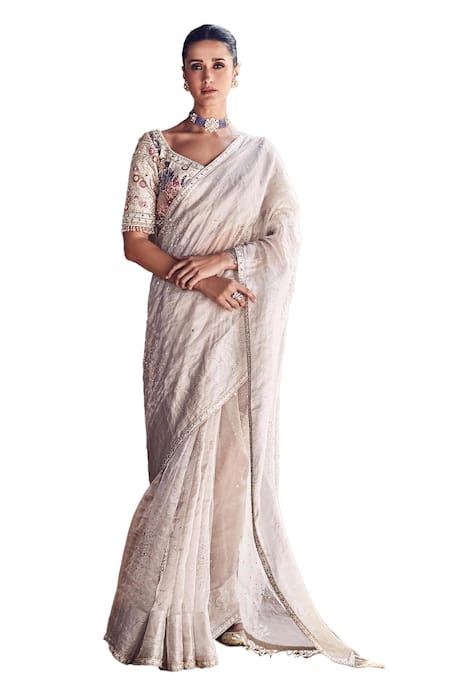 Matsya Ivory Tissue Tassels, Beads Polo Collar Nandi Hand Embroidered Saree With Blouse Online at Aza Fashions Matsya_Ivory Tissue Tassels, Beads Polo Collar Nandi Hand Embroidered Saree With Blouse _Online_at_Aza_Fashions