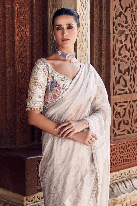 Buy Matsya Ivory Tissue Tassels, Beads Polo Collar Nandi Hand Embroidered Saree With Blouse Online at Aza Fashions Buy_Matsya_Ivory Tissue Tassels, Beads Polo Collar Nandi Hand Embroidered Saree With Blouse _Online_at_Aza_Fashions