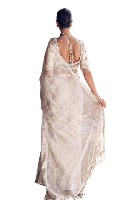 Shop Matsya Ivory Tissue Tassels, Beads Polo Collar Nandi Hand Embroidered Saree With Blouse Online at Aza Fashions Shop_Matsya_Ivory Tissue Tassels, Beads Polo Collar Nandi Hand Embroidered Saree With Blouse _Online_at_Aza_Fashions