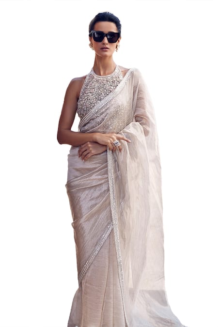 Matsya Ivory Tissue Embroidery, Zari Halter Neck Matya Saree With Floral Blouse Online at Aza Fashions Matsya_Ivory Tissue Embroidery, Zari Halter Neck Matya Saree With Floral Blouse _Online_at_Aza_Fashions