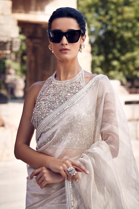 Shop Matsya Ivory Tissue Embroidery, Zari Halter Neck Matya Saree With Floral Blouse Online at Aza Fashions Shop_Matsya_Ivory Tissue Embroidery, Zari Halter Neck Matya Saree With Floral Blouse _Online_at_Aza_Fashions