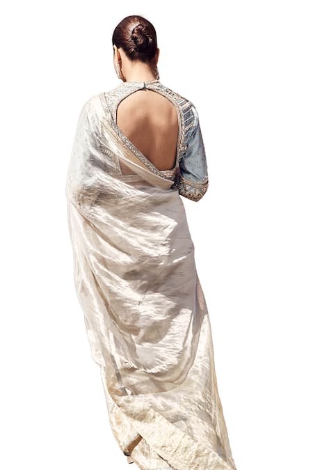 Shop_Matsya_Off White Tissue Sequins V-neck Aquamarine Aurum Saree With Embroidered Blouse _Online_at_Aza_Fashions