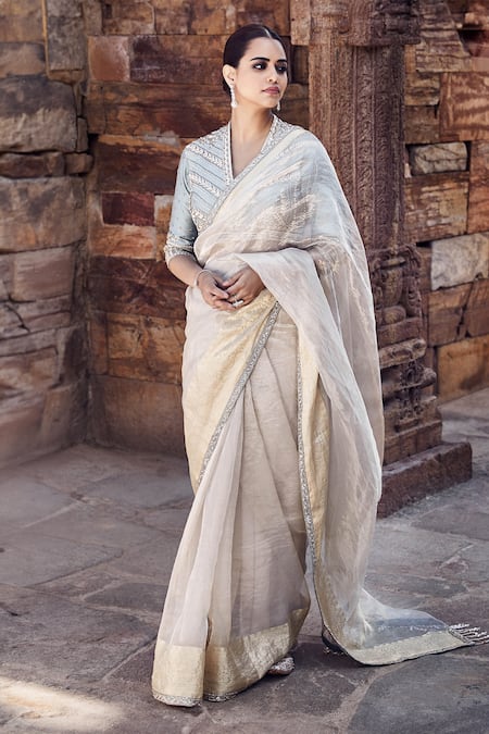 Matsya_Off White Tissue Sequins V-neck Aquamarine Aurum Saree With Embroidered Blouse _at_Aza_Fashions