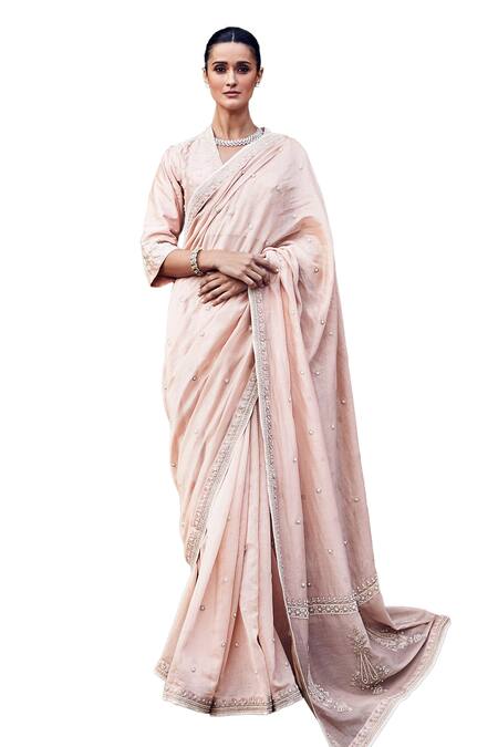 Matsya_Peach Chanderi Embroidery V-neck Gulabi Maharani Gayatri Saree With Blouse _Online_at_Aza_Fashions