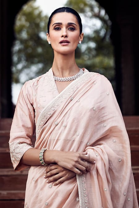 Buy_Matsya_Peach Chanderi Embroidery V-neck Gulabi Maharani Gayatri Saree With Blouse _Online_at_Aza_Fashions