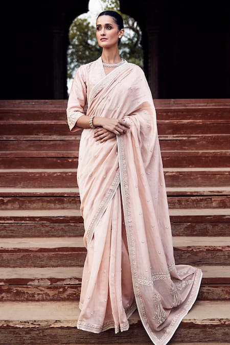 Matsya_Peach Chanderi Embroidery V-neck Gulabi Maharani Gayatri Saree With Blouse _at_Aza_Fashions
