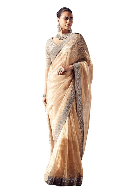Matsya_Gold Tissue, Silk Embroidery, Zari V-neck Sora Saree With Hand Blouse _Online_at_Aza_Fashions