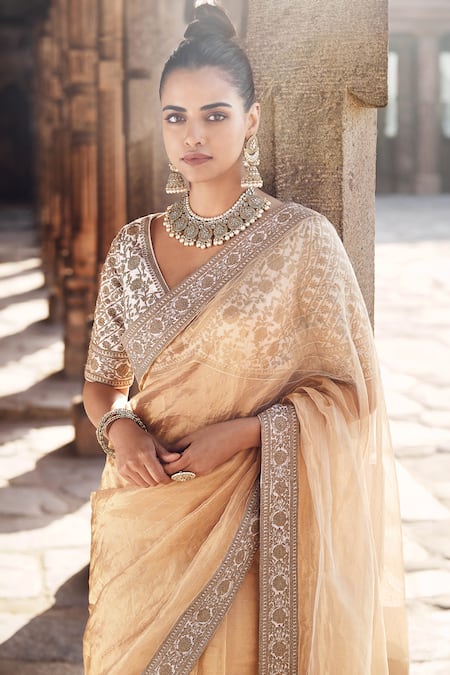 Buy_Matsya_Gold Tissue, Silk Embroidery, Zari V-neck Sora Saree With Hand Blouse _Online_at_Aza_Fashions