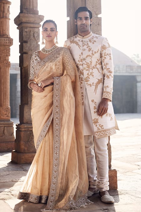 Shop_Matsya_Gold Tissue, Silk Embroidery, Zari V-neck Sora Saree With Hand Blouse _Online_at_Aza_Fashions