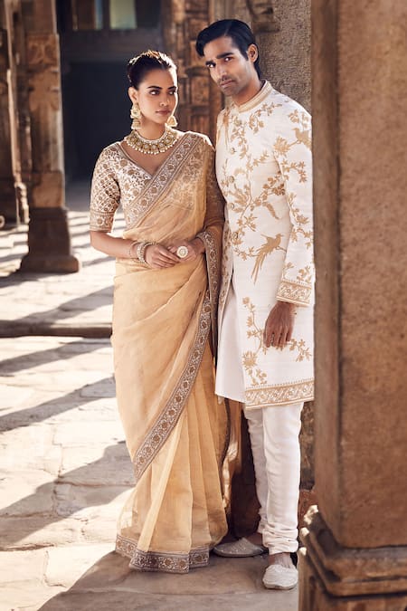 Matsya_Gold Tissue, Silk Embroidery, Zari V-neck Sora Saree With Hand Blouse _at_Aza_Fashions