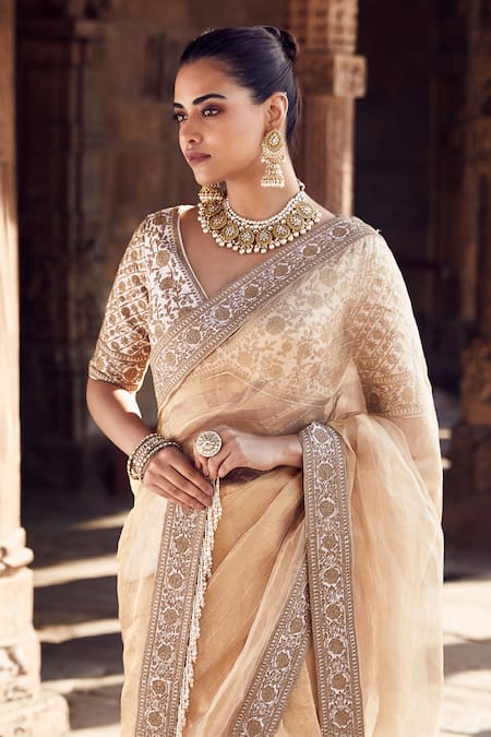 Buy_Matsya_Gold Tissue, Silk Embroidery, Zari V-neck Sora Saree With Hand Blouse 