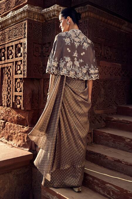 Shop_Matsya_Brown Chanderi Embroidery, Sona Patti Multani Mini Cape With Pre-stitched Saree_at_Aza_Fashions