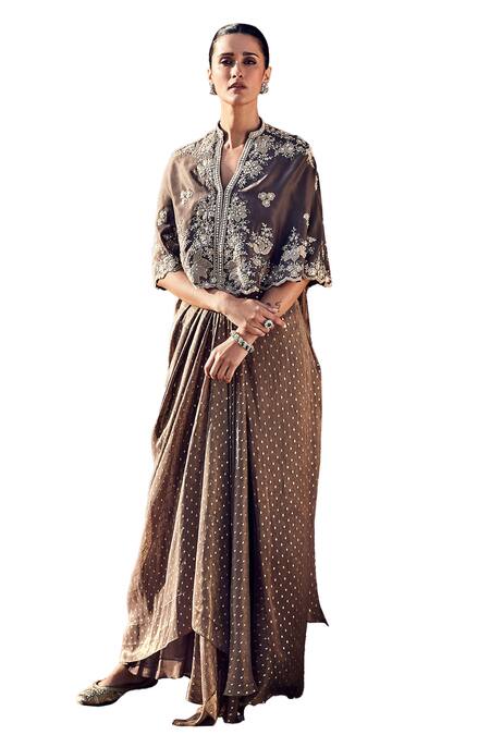 Matsya_Brown Chanderi Embroidery, Sona Patti Multani Mini Cape With Pre-stitched Saree_Online_at_Aza_Fashions