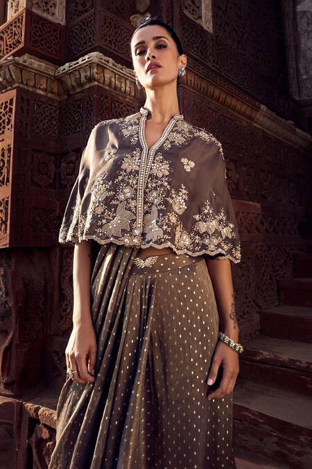 Buy_Matsya_Brown Chanderi Embroidery, Sona Patti Multani Mini Cape With Pre-stitched Saree_Online_at_Aza_Fashions