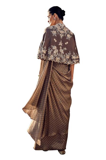 Shop_Matsya_Brown Chanderi Embroidery, Sona Patti Multani Mini Cape With Pre-stitched Saree_Online_at_Aza_Fashions