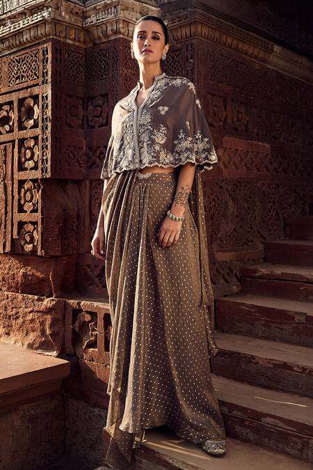 Matsya_Brown Chanderi Embroidery, Sona Patti Multani Mini Cape With Pre-stitched Saree_at_Aza_Fashions