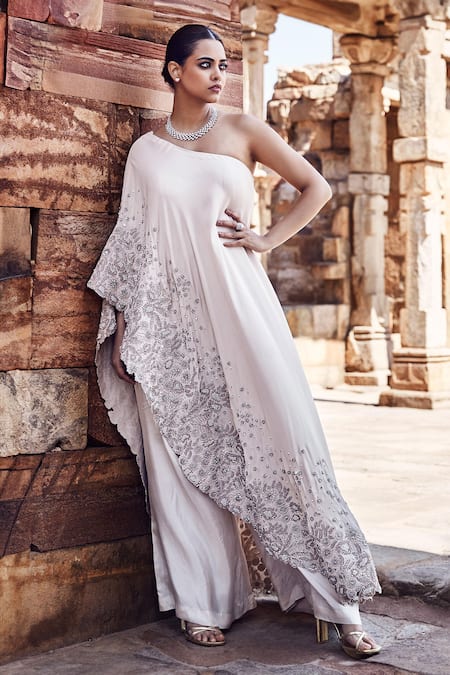 Matsya_Ivory Crepe, Georgette Embroidery Asymmetric Abstract Floral Tunic With Pant _Online_at_Aza_Fashions