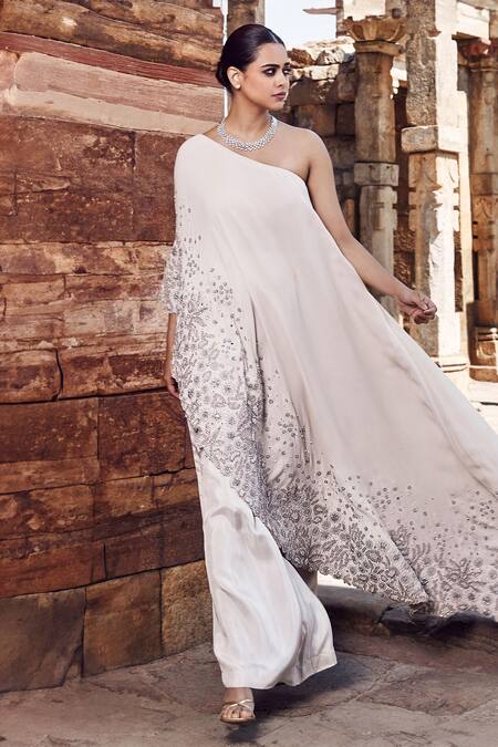 Buy_Matsya_Ivory Crepe, Georgette Embroidery Asymmetric Abstract Floral Tunic With Pant _Online_at_Aza_Fashions