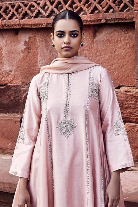 Matsya_Peach Chanderi, Organza Embroidery Kachi Dori A-line Panelled Kurta Pant Set_Online_at_Aza_Fashions