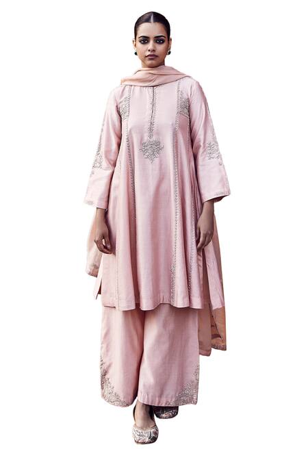 Shop_Matsya_Peach Chanderi, Organza Embroidery Kachi Dori A-line Panelled Kurta Pant Set_Online_at_Aza_Fashions
