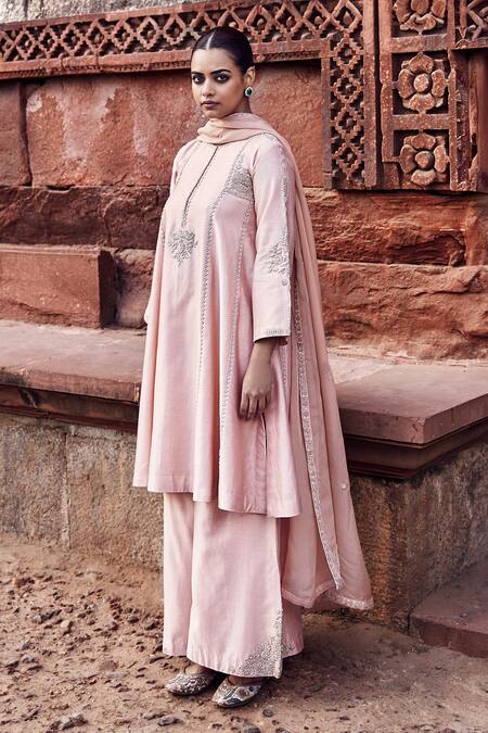 Matsya_Peach Chanderi, Organza Embroidery Kachi Dori A-line Panelled Kurta Pant Set_at_Aza_Fashions