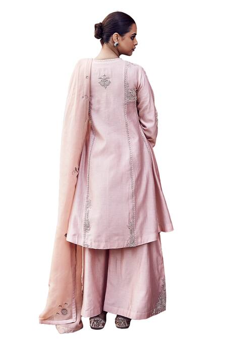 Buy_Matsya_Peach Chanderi, Organza Embroidery Kachi Dori A-line Panelled Kurta Pant Set