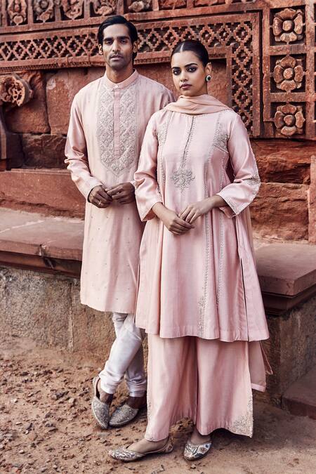 Shop_Matsya_Peach Chanderi, Organza Embroidery Kachi Dori A-line Panelled Kurta Pant Set