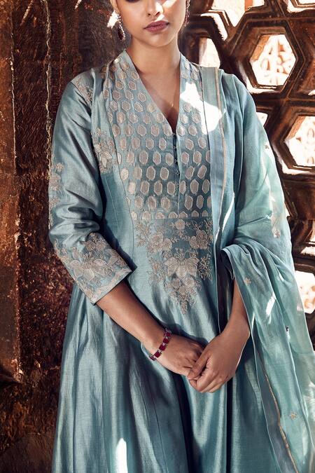 Matsya Blue Chanderi Embroidery, Applique V-neck Sona Patti Naqashi Anarkali Pant Set Online at Aza Fashions Matsya_Blue Chanderi Embroidery, Applique V-neck Sona Patti Naqashi Anarkali Pant Set _Online_at_Aza_Fashions