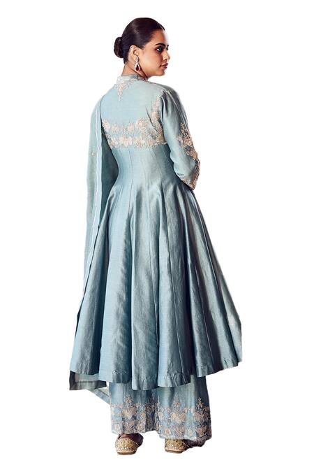 Buy Matsya Blue Chanderi Embroidery, Applique V-neck Sona Patti Naqashi Anarkali Pant Set Online at Aza Fashions Buy_Matsya_Blue Chanderi Embroidery, Applique V-neck Sona Patti Naqashi Anarkali Pant Set _Online_at_Aza_Fashions