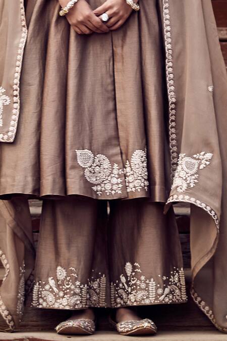 Matsya_Brown Chanderi, Organza Embroidery V-neck Kachi Kora Dori Multani Kalidar Set_Online_at_Aza_Fashions