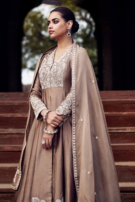 Shop_Matsya_Brown Chanderi, Organza Embroidery V-neck Kachi Kora Dori Multani Kalidar Set_Online_at_Aza_Fashions
