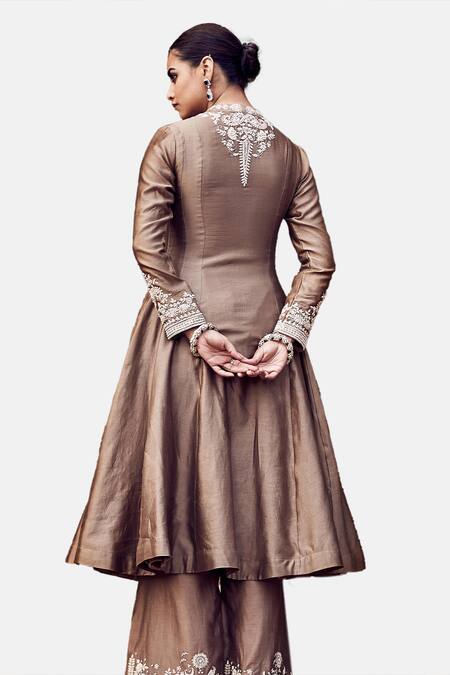 Matsya_Brown Chanderi, Organza Embroidery V-neck Kachi Kora Dori Multani Kalidar Set_at_Aza_Fashions