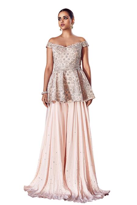 Buy_Matsya_Pink Crepe Diamonds, Sequins, Pearls, Faded Nostalgia Peplum Top And Sharara Set _Online_at_Aza_Fashions